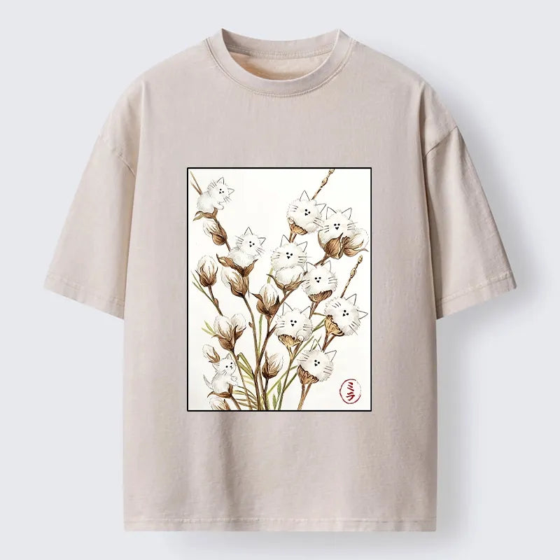 Kyoto-Lion Fluffy Cotton Cat Art Washed T-Shirt