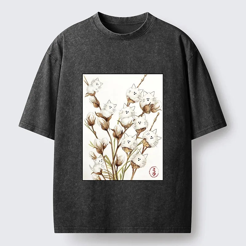 Kyoto-Lion Fluffy Cotton Cat Art Washed T-Shirt