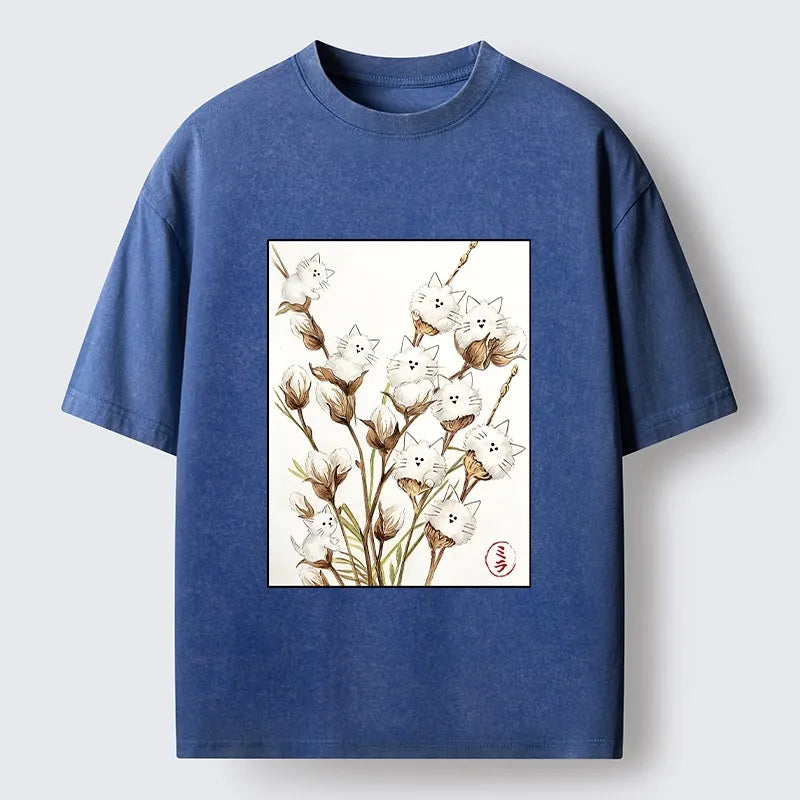 Kyoto-Lion Fluffy Cotton Cat Art Washed T-Shirt