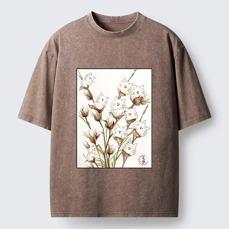 Kyoto-Lion Fluffy Cotton Cat Art Washed T-Shirt
