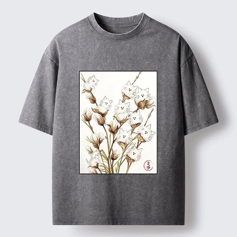 Kyoto-Lion Fluffy Cotton Cat Art Washed T-Shirt