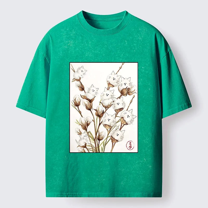 Kyoto-Lion Fluffy Cotton Cat Art Washed T-Shirt