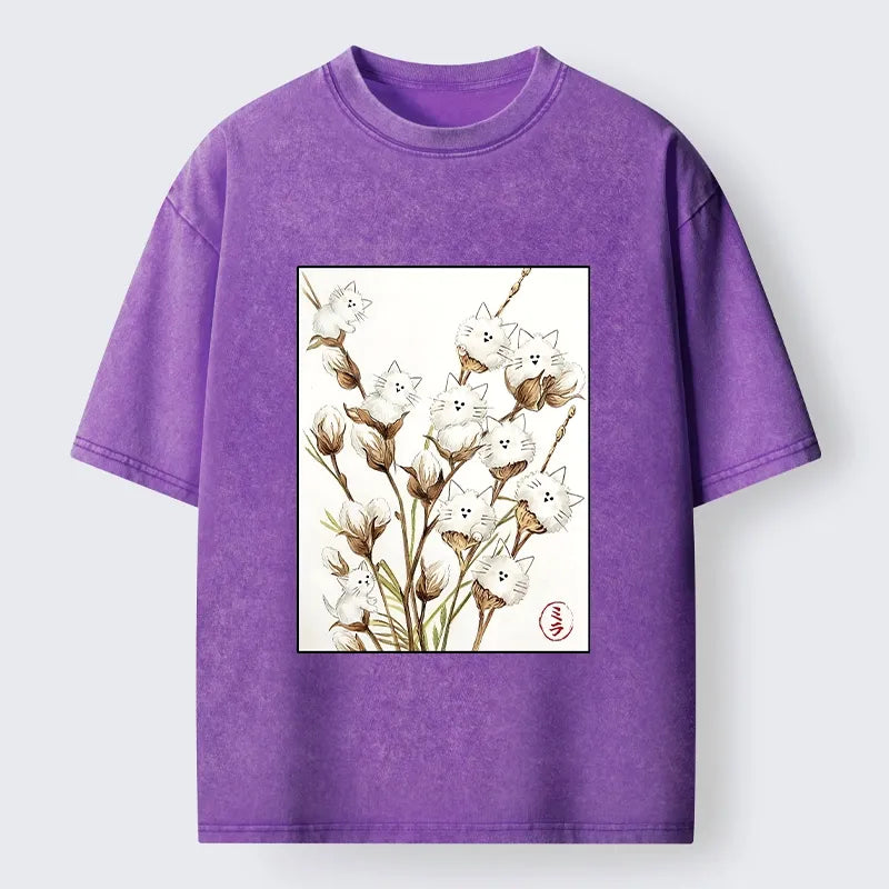 Kyoto-Lion Fluffy Cotton Cat Art Washed T-Shirt