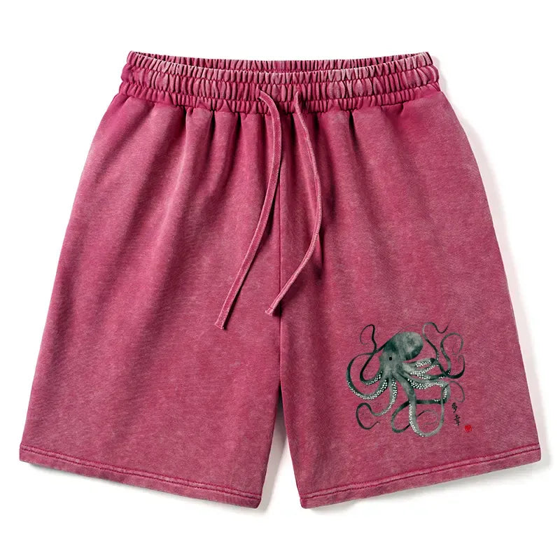 comfortable unisex washed shorts with octopus design