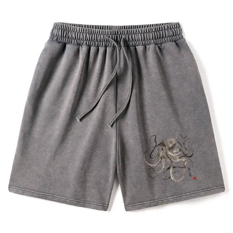 comfortable unisex washed shorts with octopus design