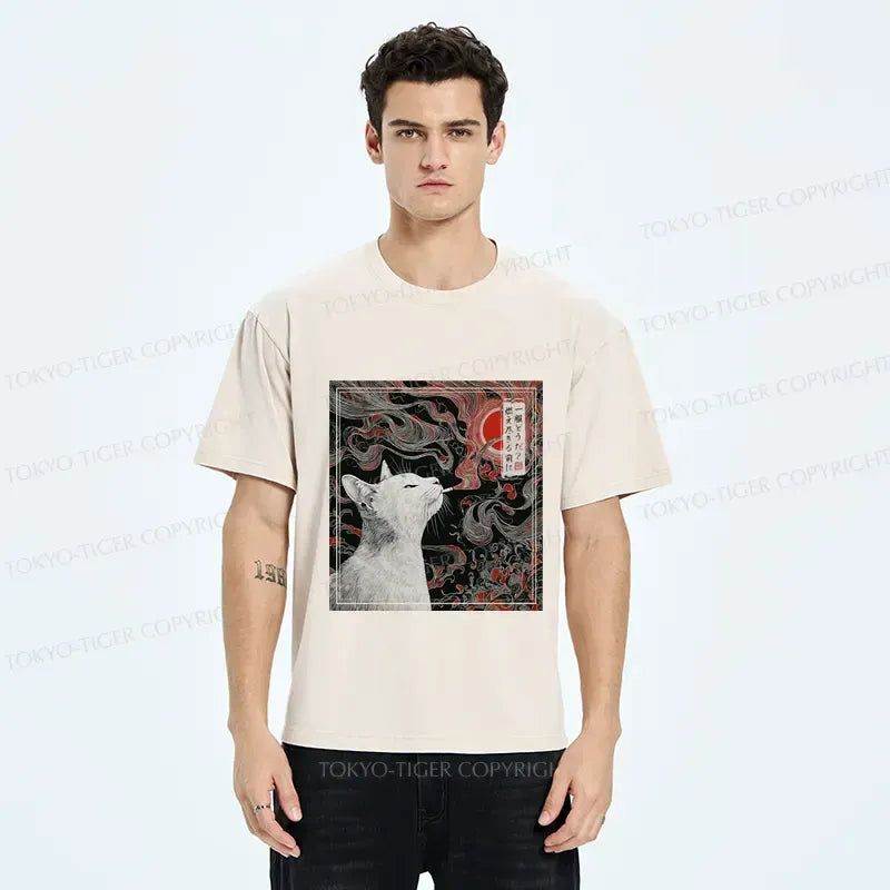 Kyoto-Lion Vintage Japanese Smoking Cat Washed T-Shirt