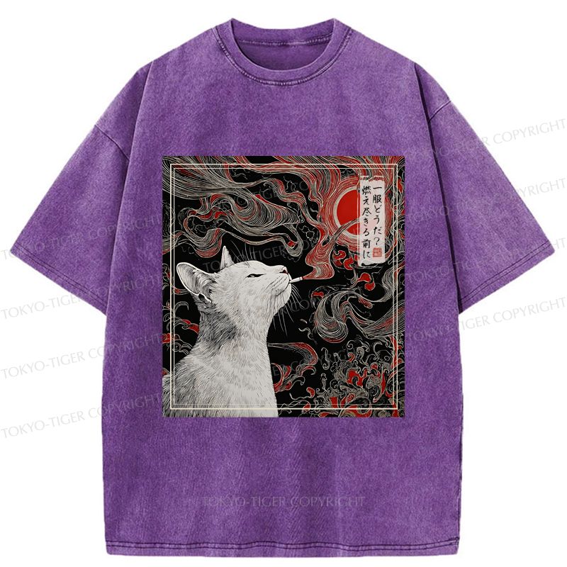 Kyoto-Lion Vintage Japanese Smoking Cat Washed T-Shirt