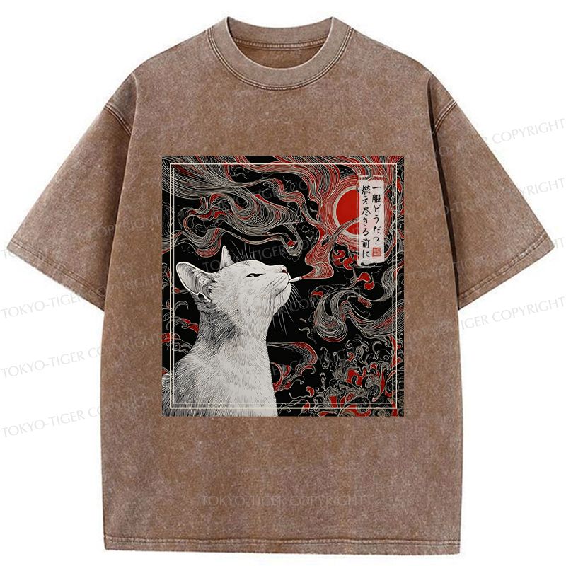 Kyoto-Lion Vintage Japanese Smoking Cat Washed T-Shirt