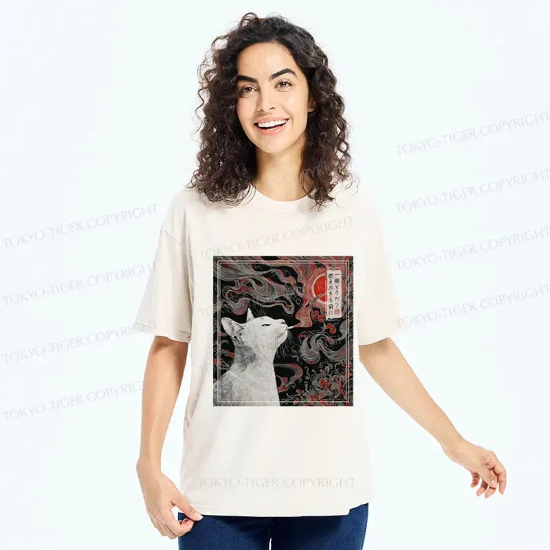 Kyoto-Lion Vintage Japanese Smoking Cat Washed T-Shirt