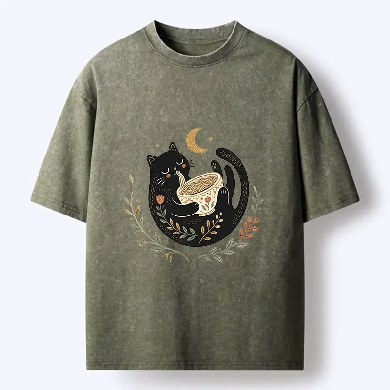 japanese washed cat moon t-shirt