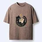 Kyoto-Lion Soft Cute Black Cat Eat Noodle At Moon Washed T-Shirt