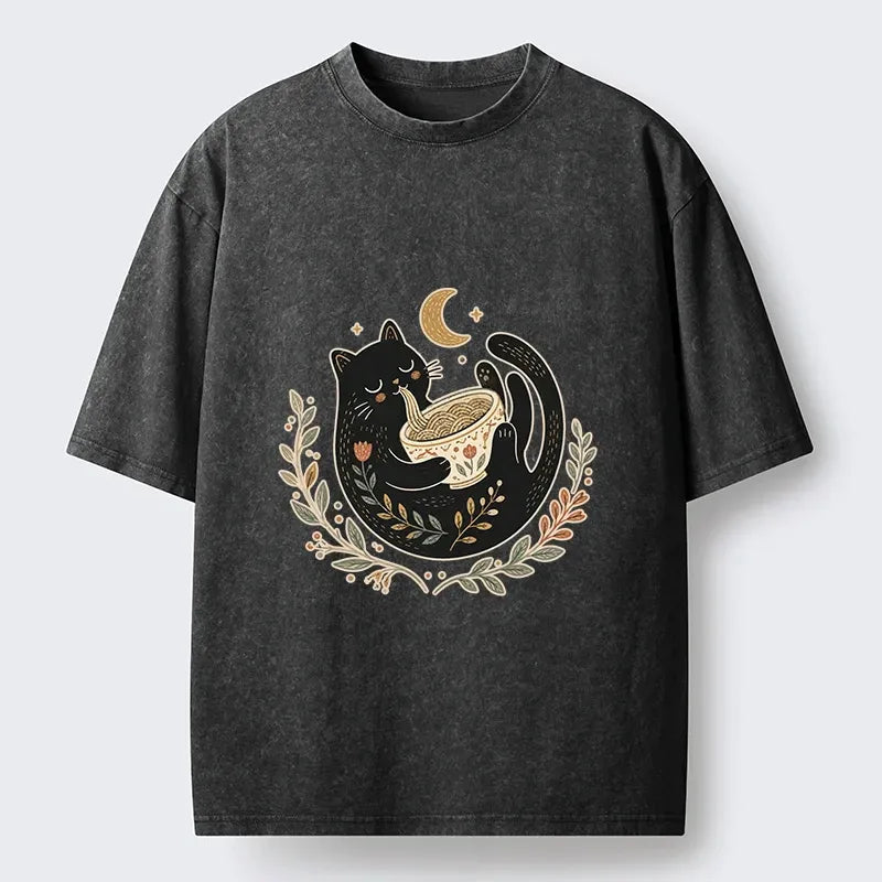 japanese washed cat moon t-shirt