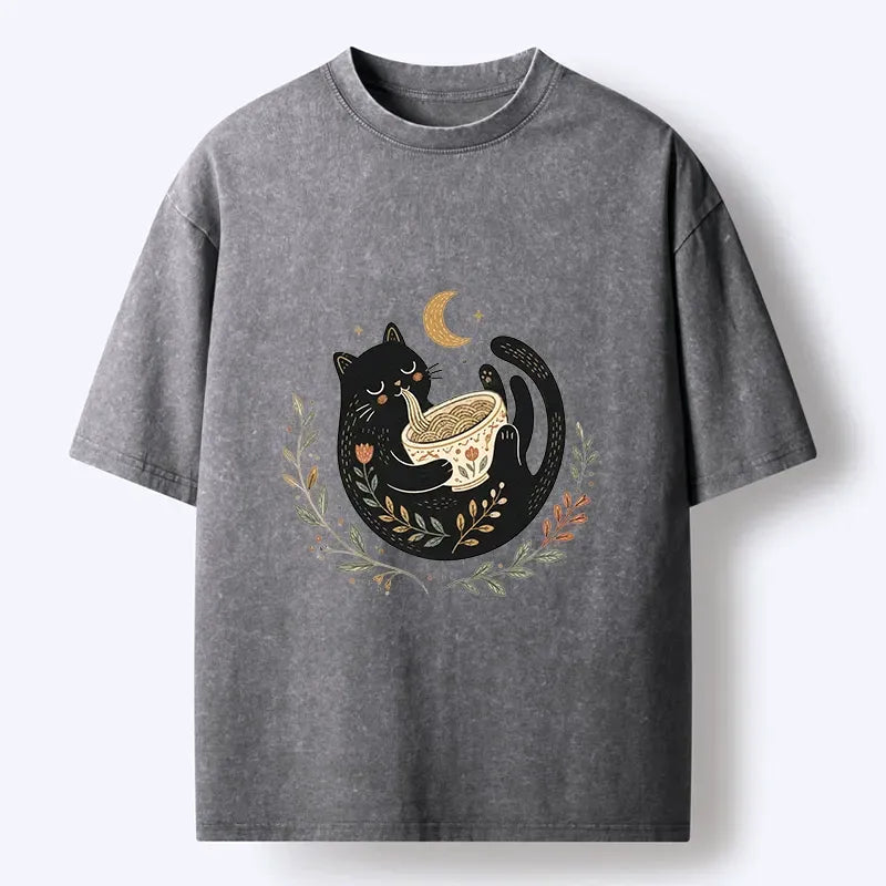 cute black cat eating noodle t-shirt