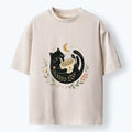 Kyoto-Lion Soft Cute Black Cat Eat Noodle At Moon Washed T-Shirt