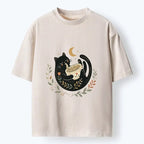 Kyoto-Lion Soft Cute Black Cat Eat Noodle At Moon Washed T-Shirt