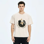 Kyoto-Lion Soft Cute Black Cat Eat Noodle At Moon Washed T-Shirt