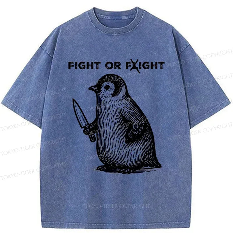Kyoto-Lion Funny Fight Or Flight Penguin Washed T-Shirt