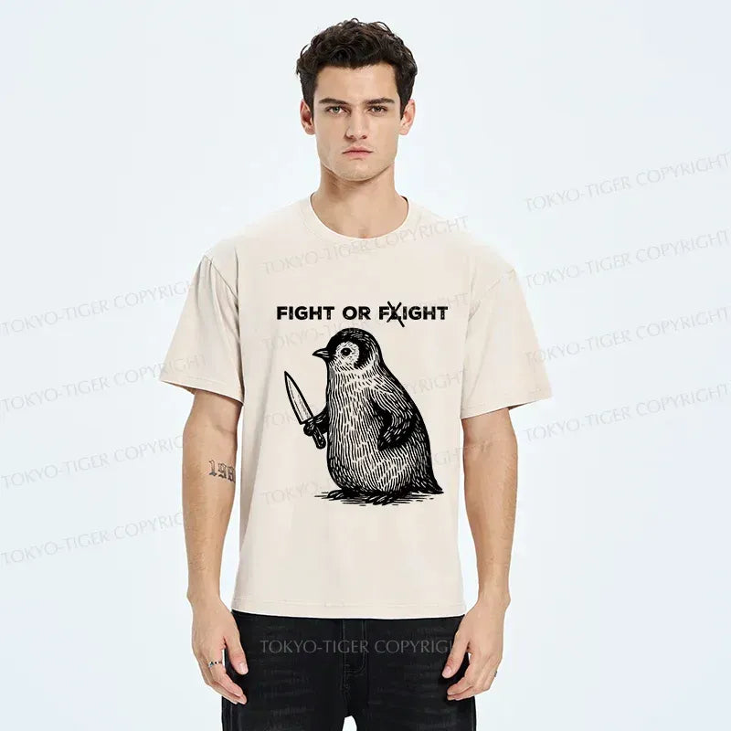 Kyoto-Lion Funny Fight Or Flight Penguin Washed T-Shirt