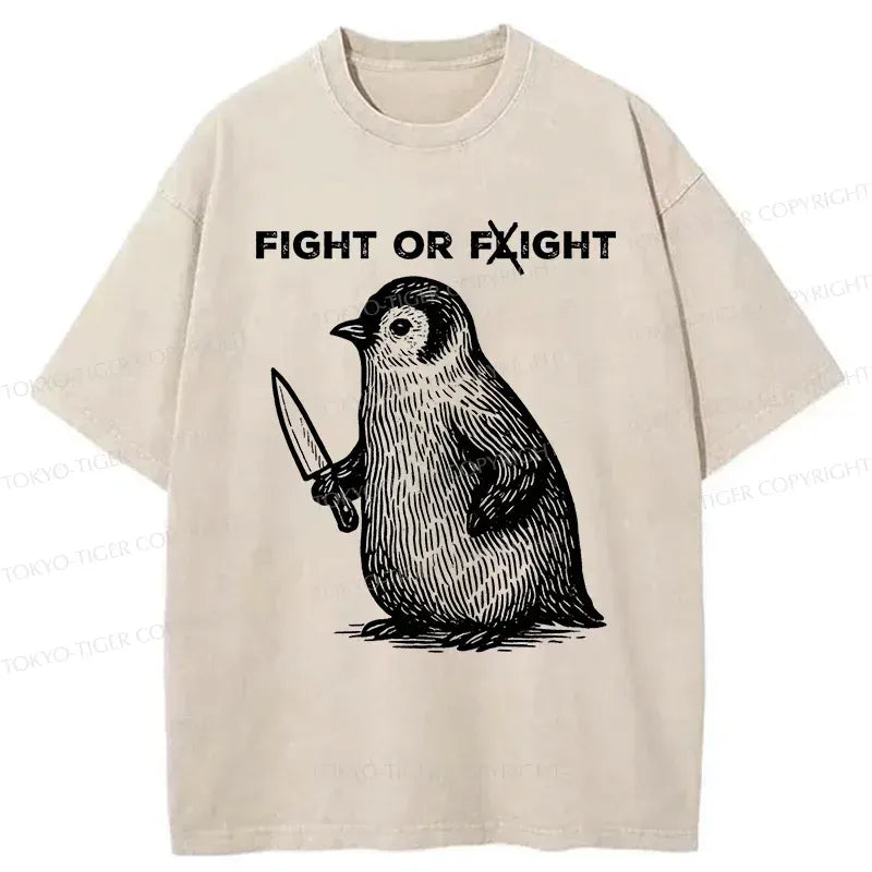 Kyoto-Lion Funny Fight Or Flight Penguin Washed T-Shirt
