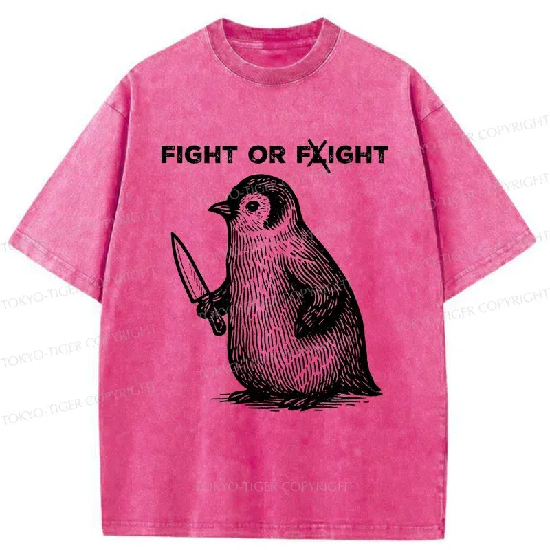 Kyoto-Lion Funny Fight Or Flight Penguin Washed T-Shirt