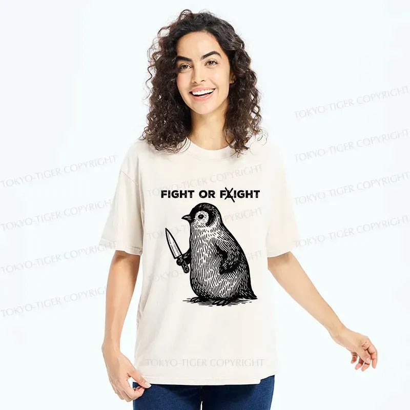 Kyoto-Lion Funny Fight Or Flight Penguin Washed T-Shirt