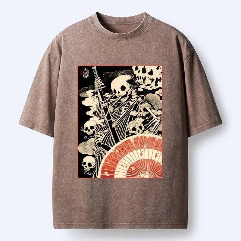Kyoto-Lion Dark Samurai Skeleton Art Washed T-Shirt