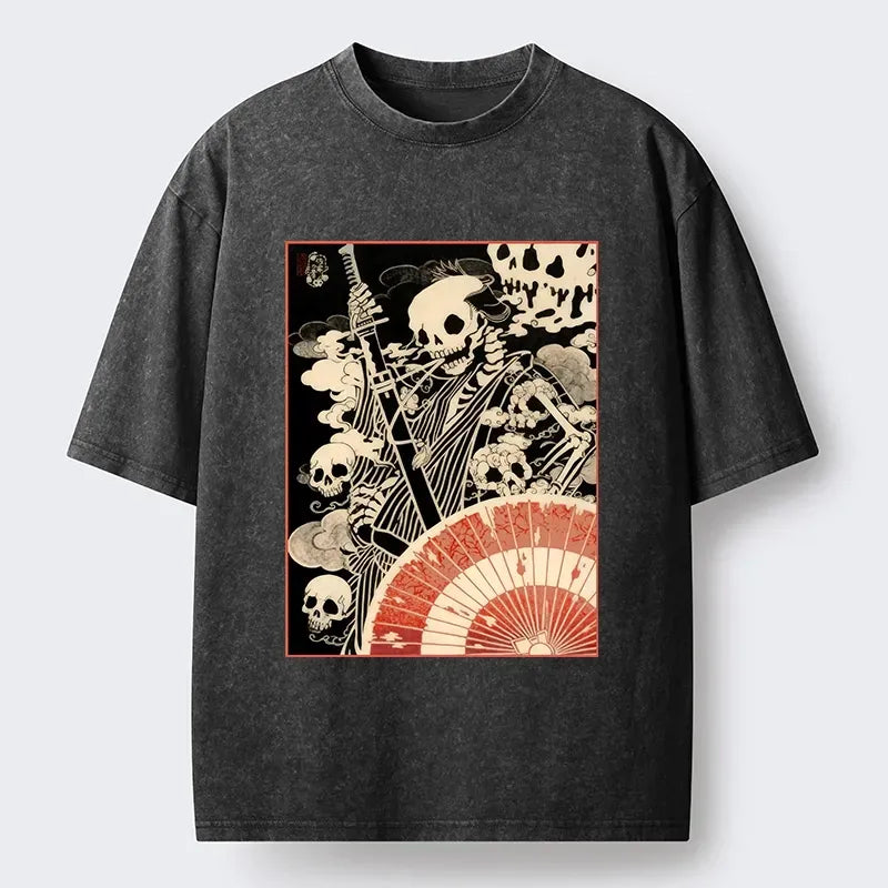 Kyoto-Lion Dark Samurai Skeleton Art Washed T-Shirt