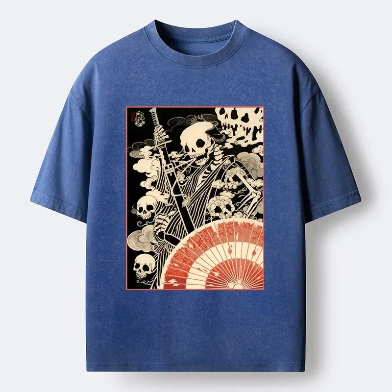 Kyoto-Lion Dark Samurai Skeleton Art Washed T-Shirt