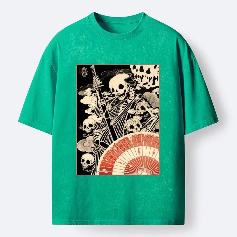 Kyoto-Lion Dark Samurai Skeleton Art Washed T-Shirt
