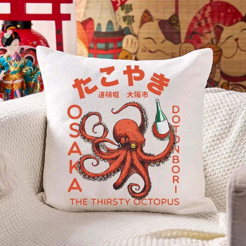 Japanese Vintage Octopus Drinking Soju Pillow