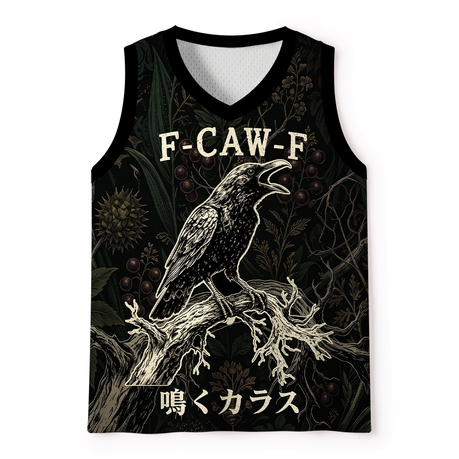 Kyoto-Lion Vintage Woodcut Raven Dark Forest Mesh Tank Top
