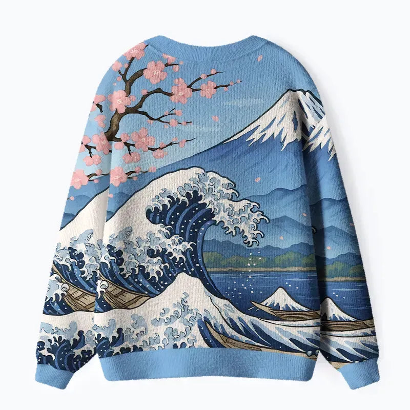 Kyoto-Lion Waves Under Mount Fuji Ugly Cardigan Sweater