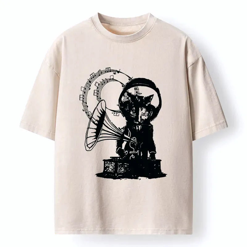 Kyoto-Lion Vintage Cat Phonograph Music Washed T-Shirt
