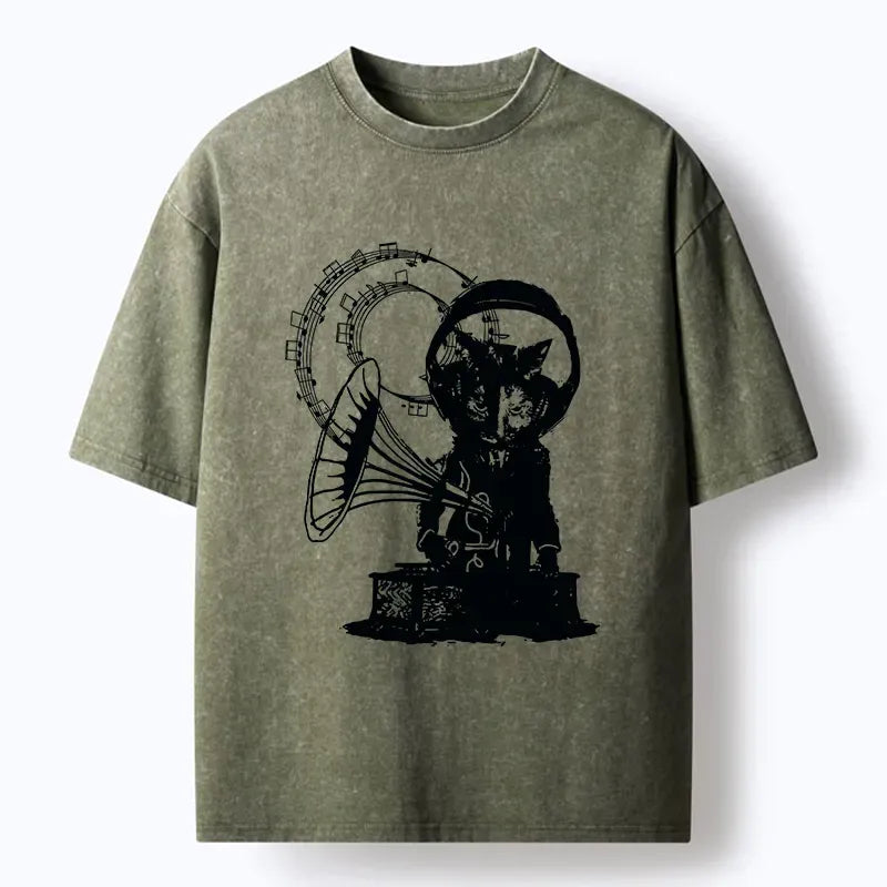 Kyoto-Lion Vintage Cat Phonograph Music Washed T-Shirt