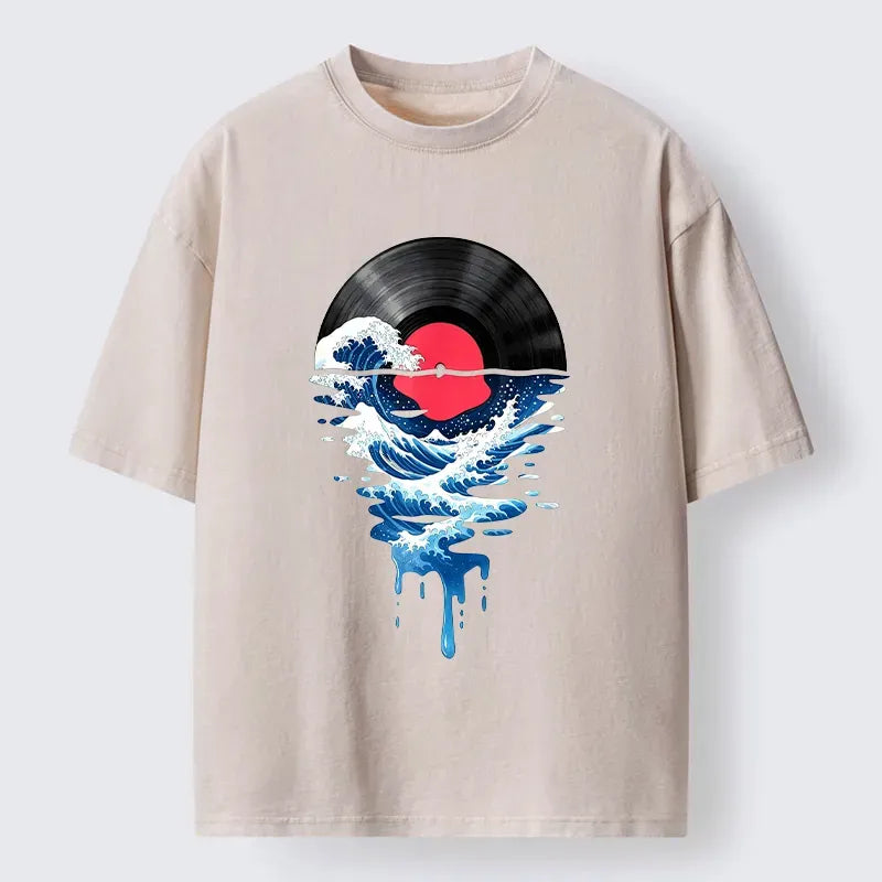 Tokyo?Tiger Vinyl Records And Waves Washed T-Shirt