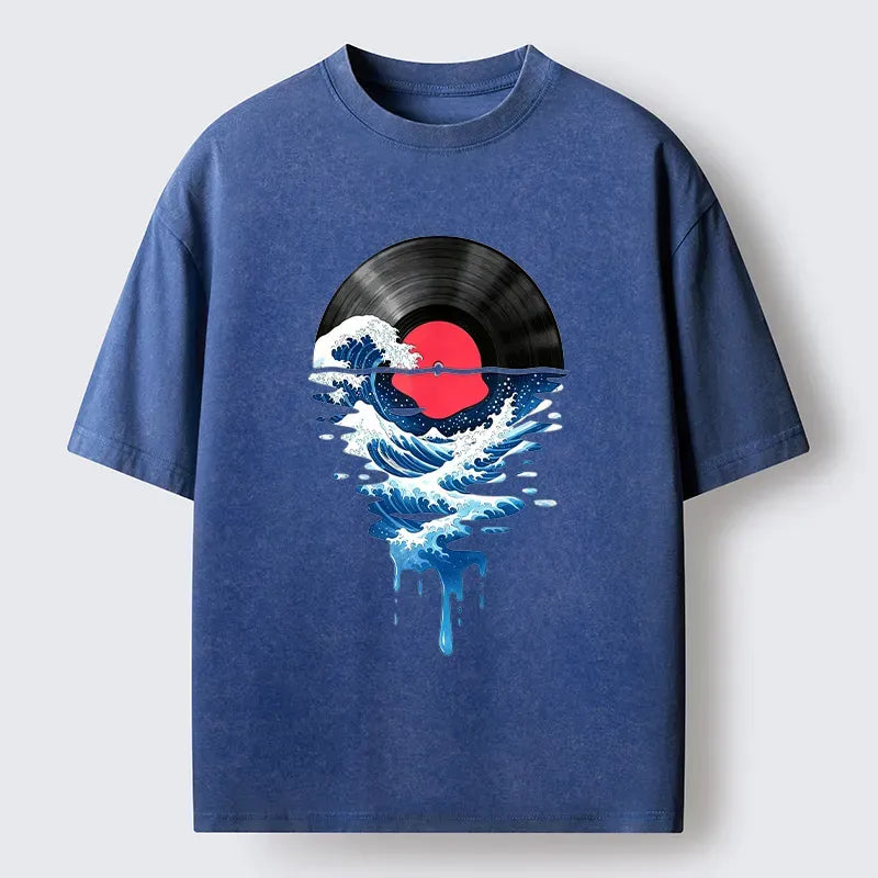 Tokyo?Tiger Vinyl Records And Waves Washed T-Shirt
