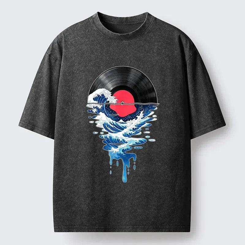 Tokyo?Tiger Vinyl Records And Waves Washed T-Shirt