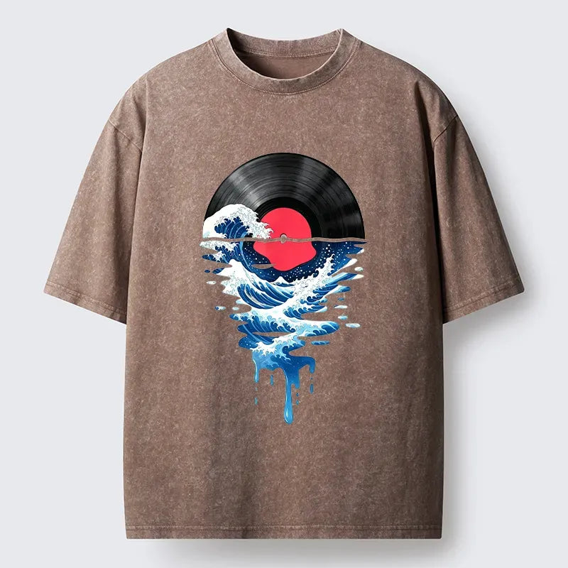 Tokyo?Tiger Vinyl Records And Waves Washed T-Shirt