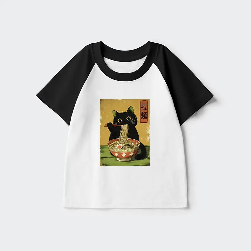 Kyoto-Lion Vintage Japanese Cat Eating Ramen Kids Raglan T-shirt