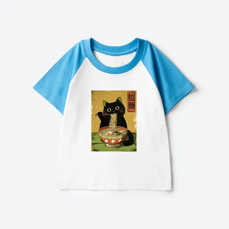 Kyoto-Lion Vintage Japanese Cat Eating Ramen Kids Raglan T-shirt