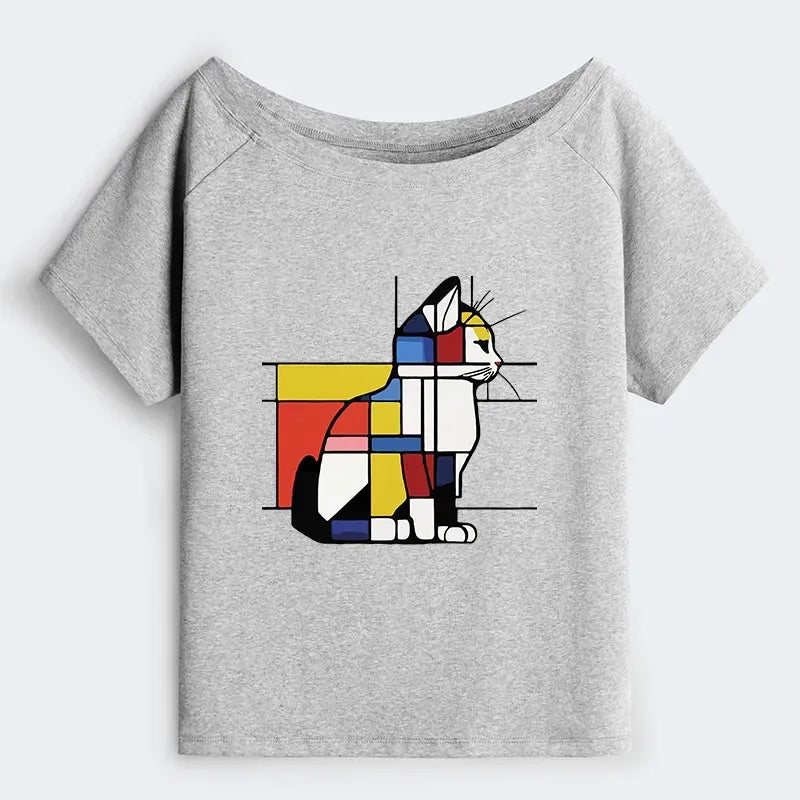 Japanese geometric cat art off shoulder tee
