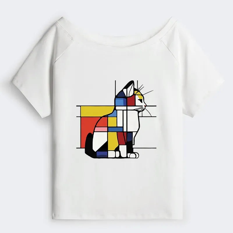 Japanese geometric cat art off shoulder tee