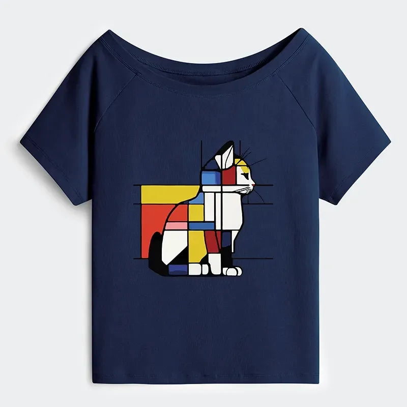 Japanese geometric cat art off shoulder tee
