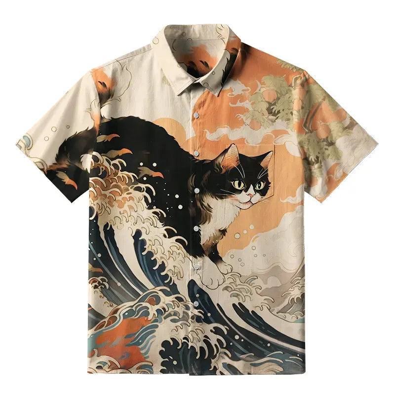 Kyoto-Lion Surfing Japanese Cat Button-up Shirt
