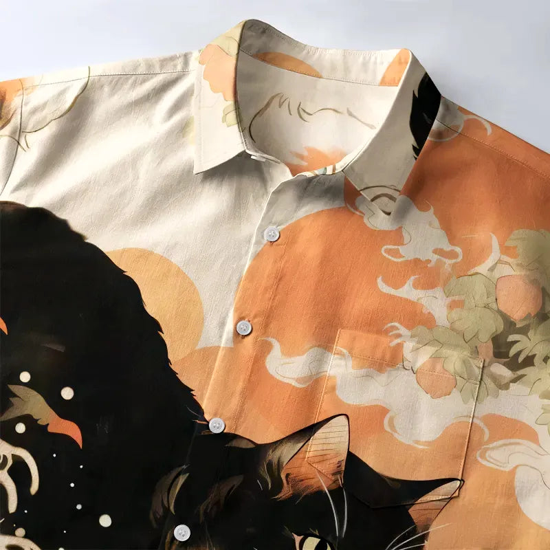 Kyoto-Lion Surfing Japanese Cat Button-up Shirt