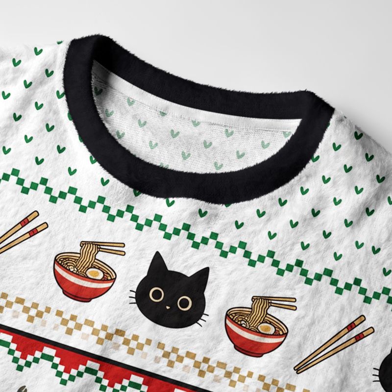 Kyoto-Lion Cute Black Cat Eating Ramen Japan Fuzzy Christmas Ugly Sweatshirt