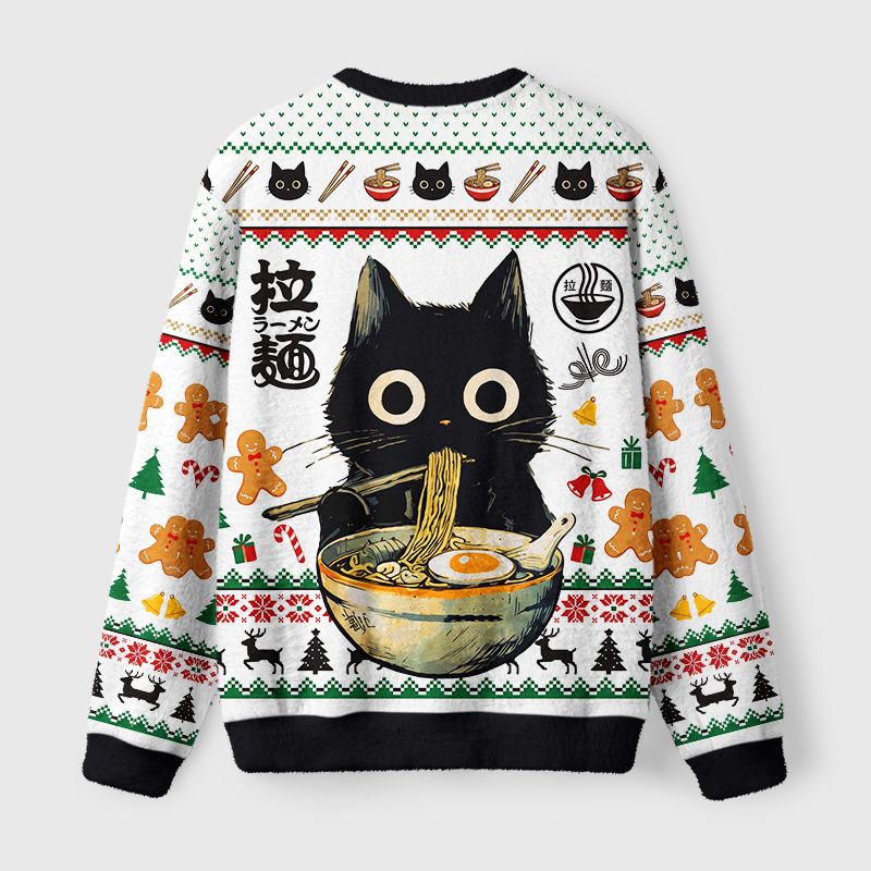 Kyoto-Lion Cute Black Cat Eating Ramen Japan Fuzzy Christmas Ugly Sweatshirt