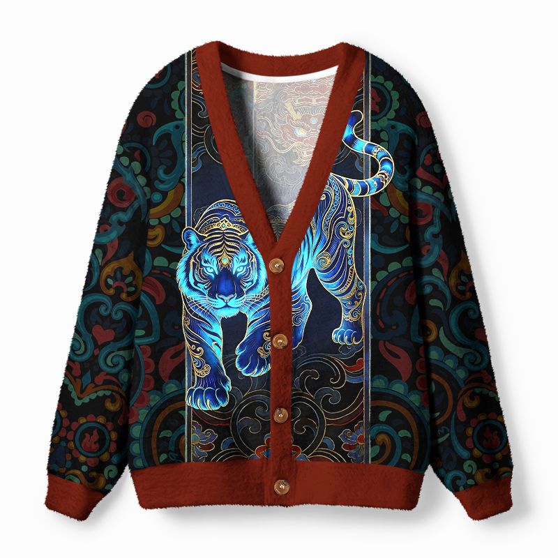 Kyoto-Lion Vintage East Asian Art Tiger Motif Ugly Cardigan Sweater