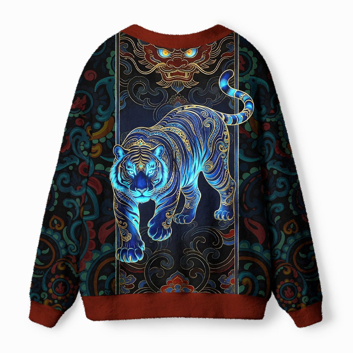 Kyoto-Lion Vintage East Asian Art Tiger Motif Ugly Cardigan Sweater