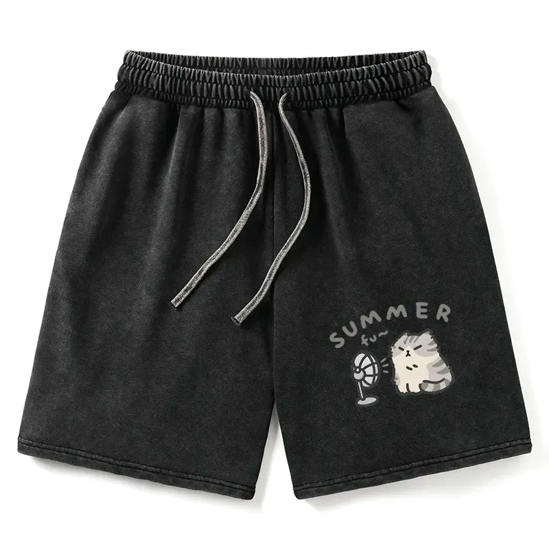 Kyoto-Lion Summer Cat Chills With A Fan Washed Shorts